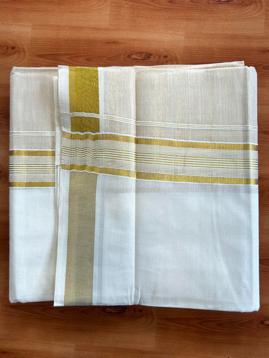 Double Off White Dhoti/Mund- 20% Discount! Kaitharikada Balaramapuram  Cotton - (60s) - 7.25 Inch Gold Kasav Tissue Striped Kara 4 mtr (8.5 muzham) - 1 KK5412 GAN
