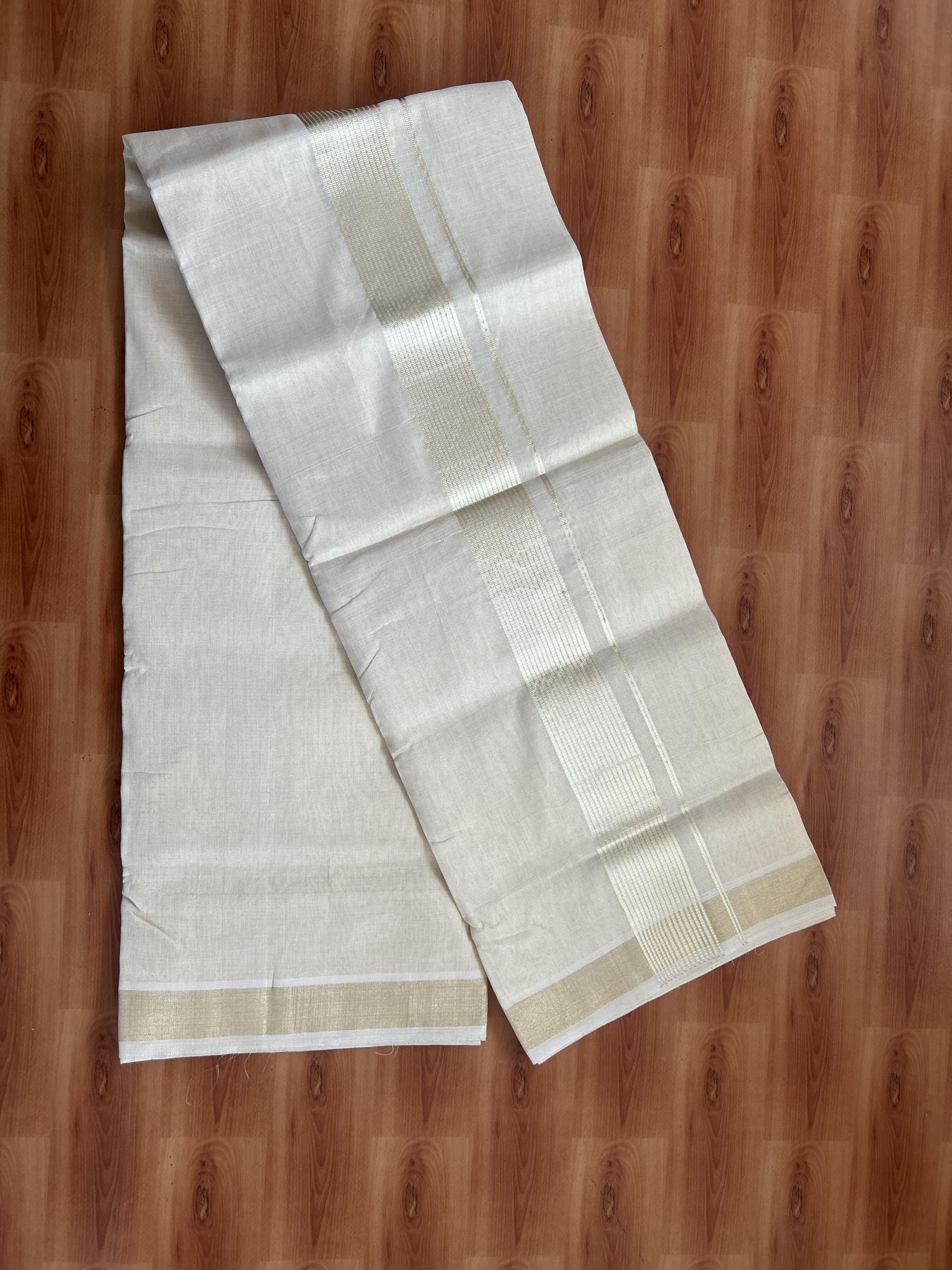 25% Discount ! KaithariKada Handloom Unakkupaav Kerala Handloom - Pure Cotton Off White - (Unbleached) Double Mundu/Dhoti - (100X80) - 2 inch Light Gold Kasavu Striped Tissue Body 4 mtr (8.5 Muzham) - 16 KK5384 ABH