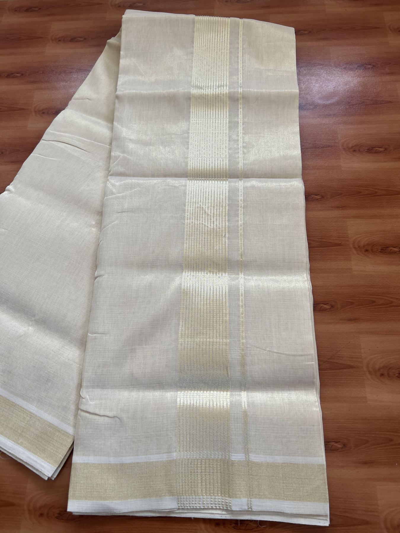 25% Discount ! KaithariKada Handloom Unakkupaav Kerala Handloom - Pure Cotton Off White - (Unbleached) Double Mundu/Dhoti - (100X80) - 2 inch Light Gold Kasavu Striped Tissue Body 4 mtr (8.5 Muzham) - 16 KK5384 ABH