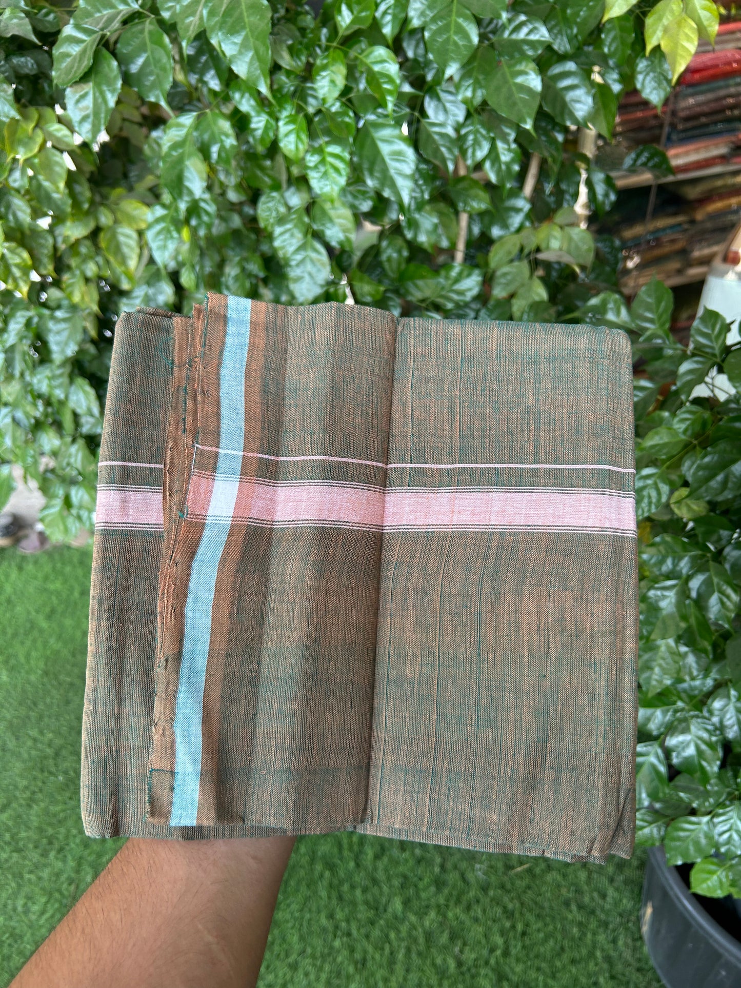 Kerala Handloom Single  - KaithariKada 100% Pure Cotton - Mundu/Dhoti Green Brown Shaded Body & 0.5 inch Brown Kara - (2 meter / 4 muzham)- 12 KK8051 ELA