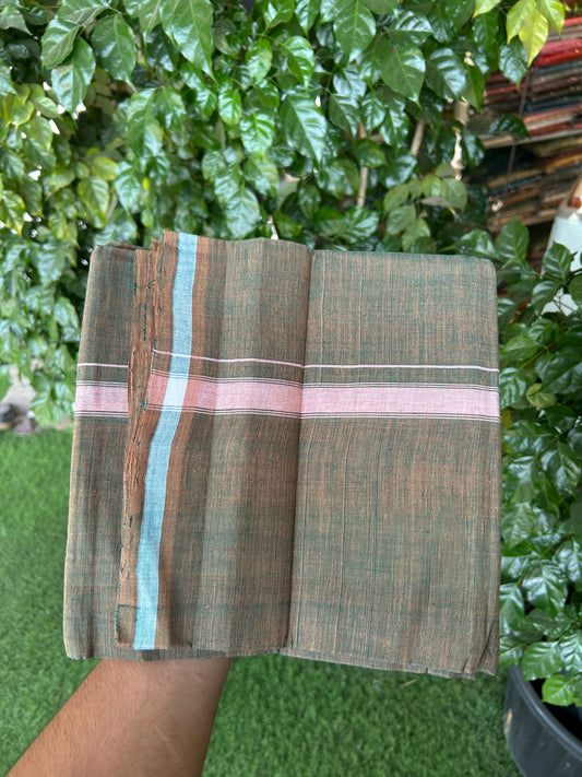 Kerala Handloom Single  - KaithariKada 100% Pure Cotton - Mundu/Dhoti Green Brown Shaded Body & 0.5 inch Brown Kara - (2 meter / 4 muzham)- 12 KK8051 ELA