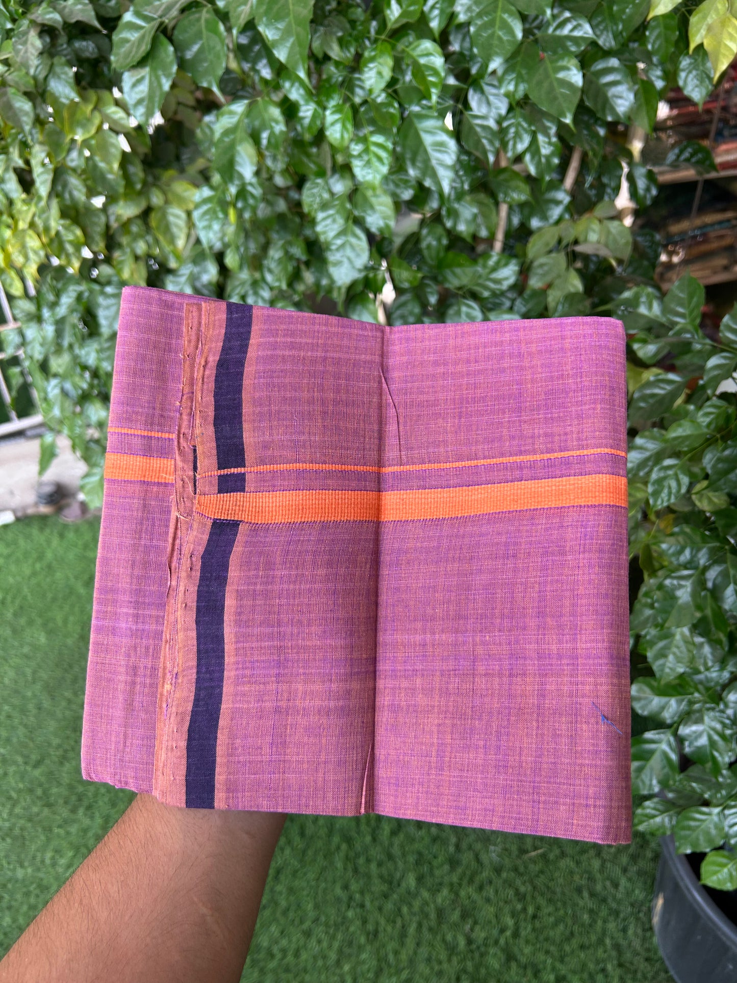 Kerala Handloom Single  - KaithariKada 100% Pure Cotton - Mundu/Dhoti Deep Ruby Body & 0.5 inch Orange Kara - (2 meter / 4 muzham)- 4 KK8051 ELA