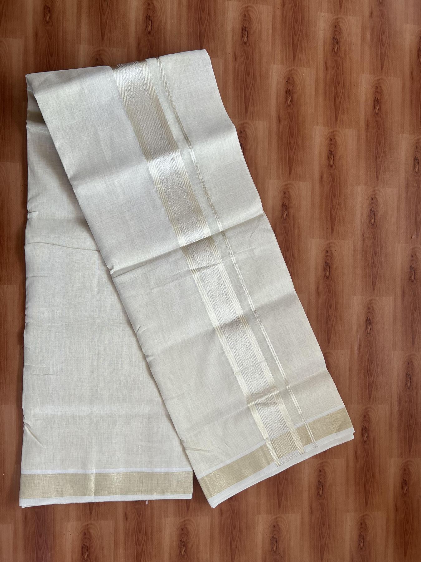 25% Discount ! KaithariKada Handloom Unakkupaav Kerala Handloom - Pure Cotton Off White - (Unbleached) Double Mundu/Dhoti - (100X80) - 2 inch Light Gold Kasavu Striped Tissue Body 4 mtr (8.5 Muzham) - 17 KK5384 ABH