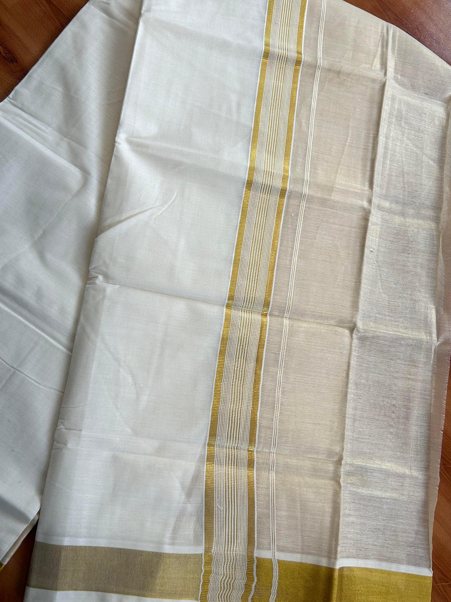 Double Off White Dhoti/Mund- 20% Discount! Kaitharikada Balaramapuram  Cotton - (60s) - 7.25 Inch Gold Kasav Tissue Striped Kara 4 mtr (8.5 muzham) - 1 KK5412 GAN