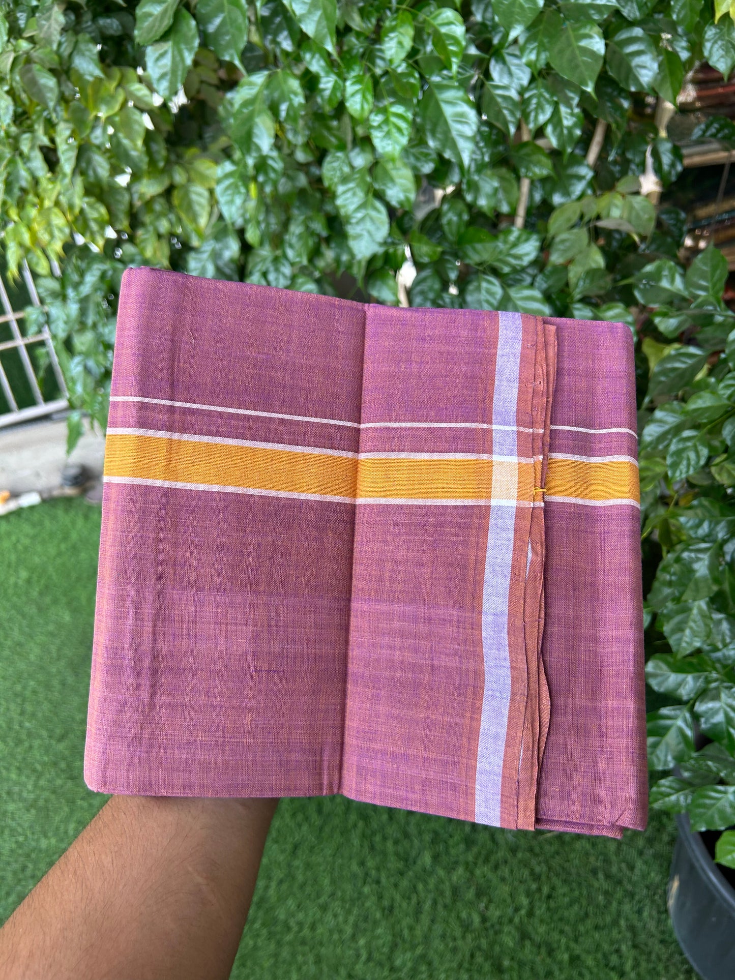 Kerala Handloom Single  - KaithariKada 100% Pure Cotton - Mundu/Dhoti Deep Ruby Body & 1 inch Mustard Yellow Kara - (2 meter / 4 muzham)- 3 KK8051 ELA
