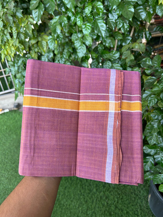 Kerala Handloom Single  - KaithariKada 100% Pure Cotton - Mundu/Dhoti Deep Ruby Body & 1 inch Mustard Yellow Kara - (2 meter / 4 muzham)- 3 KK8051 ELA