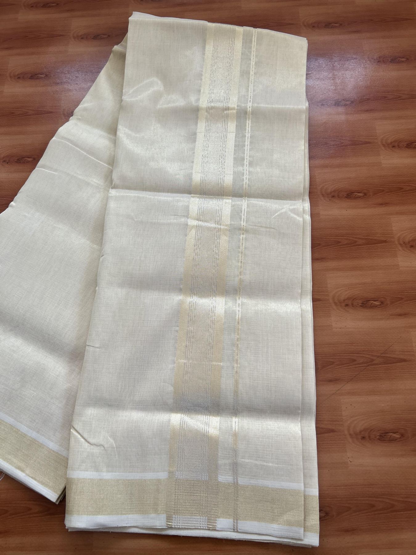 25% Discount ! KaithariKada Handloom Unakkupaav Kerala Handloom - Pure Cotton Off White - (Unbleached) Double Mundu/Dhoti - (100X80) - 2 inch Light Gold Kasavu Striped Tissue Body 4 mtr (8.5 Muzham) - 17 KK5384 ABH
