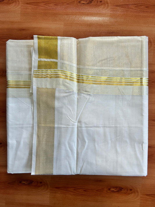 Double Off White Dhoti/Mund- 20% Discount! Kaitharikada Balaramapuram  Cotton - (60s) - 7.25 Inch Gold Kasav Tissue Striped Kara 4 mtr (8.5 muzham) - 9 KK5412 GAN