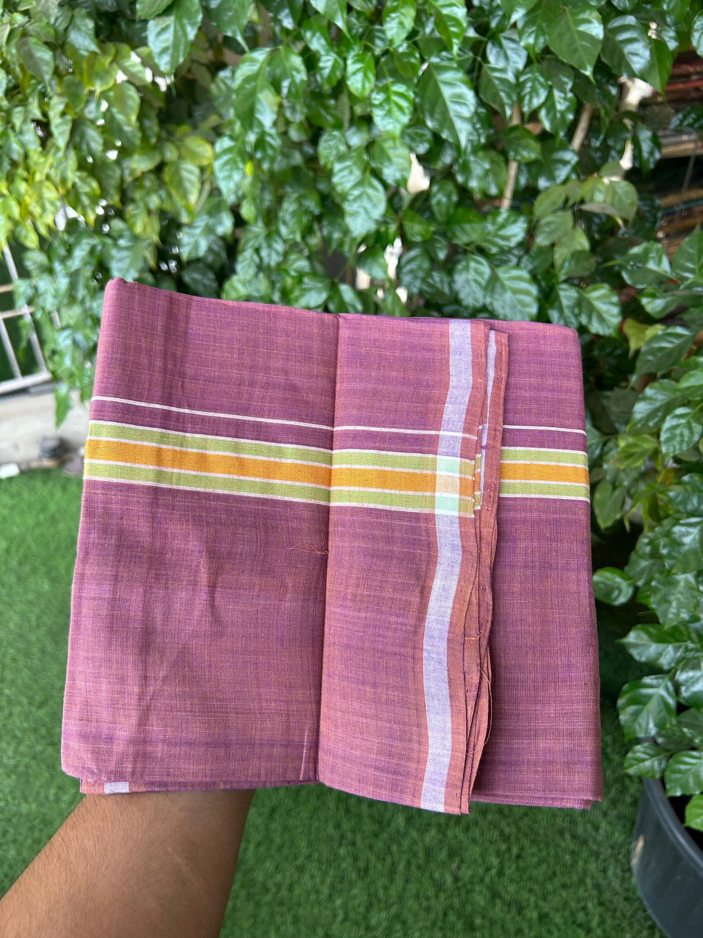 Kerala Handloom Single  - KaithariKada 100% Pure Cotton - Mundu/Dhoti Deep Ruby Body & 1 inch Light Green & Mustard Yellow Kara - (2 meter / 4 muzham)- 2 KK8051 ELA