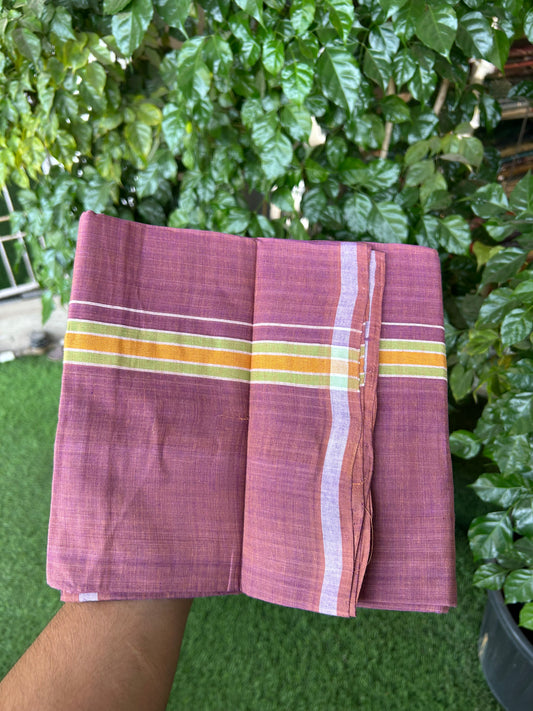 Kerala Handloom Single  - KaithariKada 100% Pure Cotton - Mundu/Dhoti Deep Ruby Body & 1 inch Light Green & Mustard Yellow Kara - (2 meter / 4 muzham)- 2 KK8051 ELA