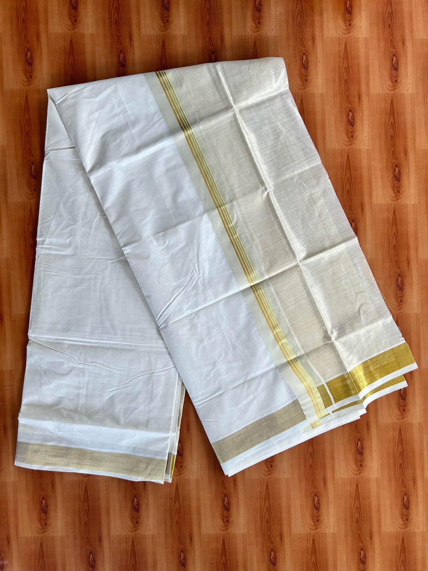 Double Off White Dhoti/Mund- 20% Discount! Kaitharikada Balaramapuram  Cotton - (60s) - 7.25 Inch Gold Kasav Tissue Striped Kara 4 mtr (8.5 muzham) - 9 KK5412 GAN