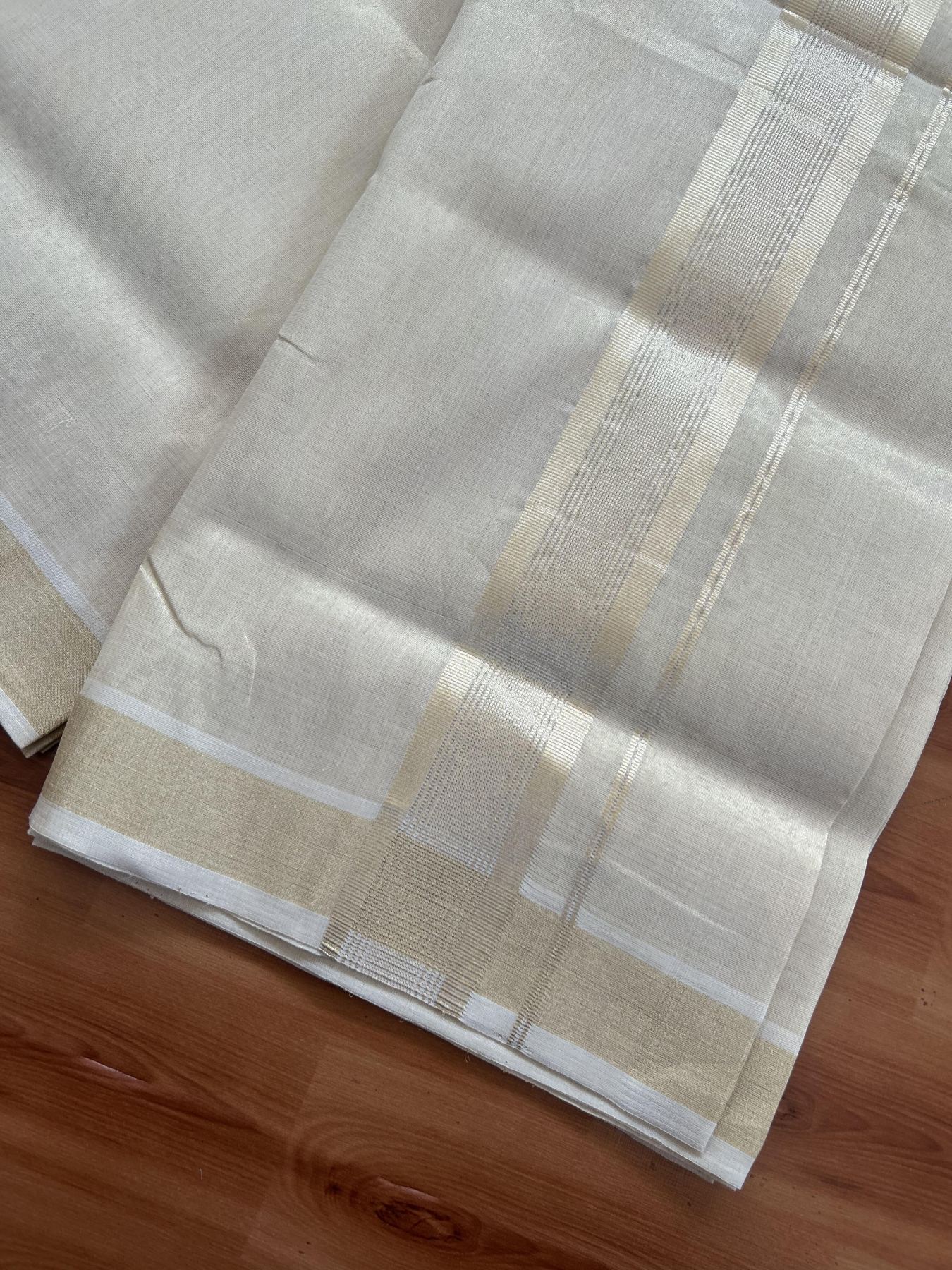 25% Discount ! KaithariKada Handloom Unakkupaav Kerala Handloom - Pure Cotton Off White - (Unbleached) Double Mundu/Dhoti - (100X80) - 2 inch Light Gold Kasavu Striped Tissue Body 4 mtr (8.5 Muzham) - 17 KK5384 ABH