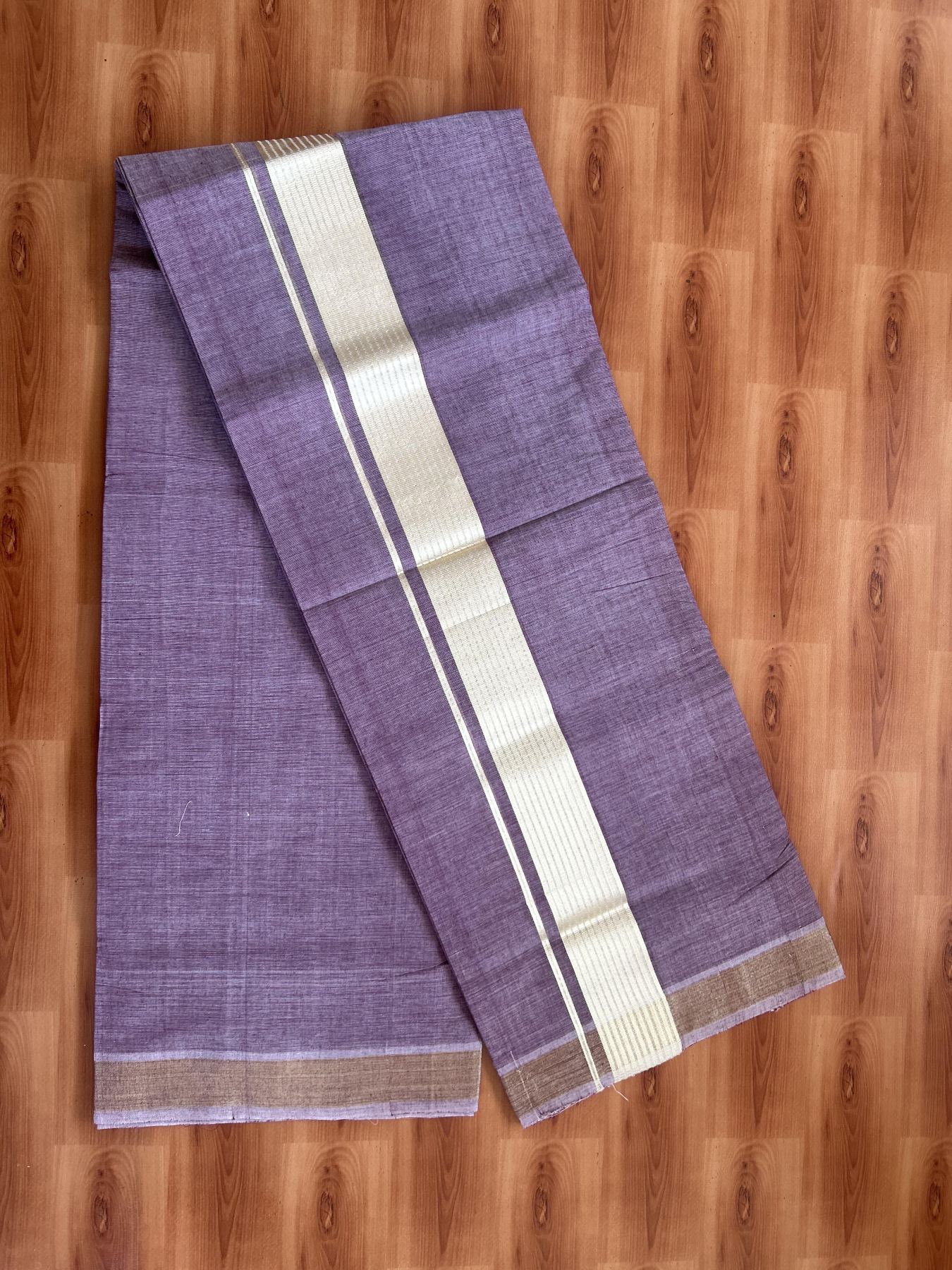 25% Discount! KaithariKada Handloom Unakkupaav Kerala Handloom - 100% Cotton Double Mundu/Dhoti - Maroon Colour Body - 2 inch Light Gold Kasav Striped  Kara - 4 Mtr (8.5 Muzham) - 10 KK5384 ABH