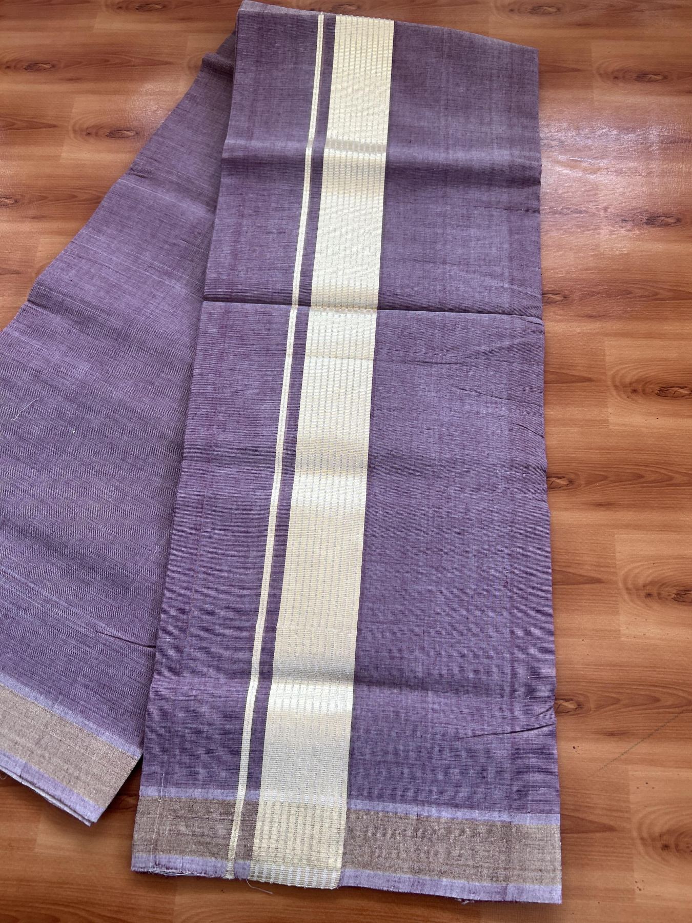 25% Discount! KaithariKada Handloom Unakkupaav Kerala Handloom - 100% Cotton Double Mundu/Dhoti - Maroon Colour Body - 2 inch Light Gold Kasav Striped  Kara - 4 Mtr (8.5 Muzham) - 10 KK5384 ABH