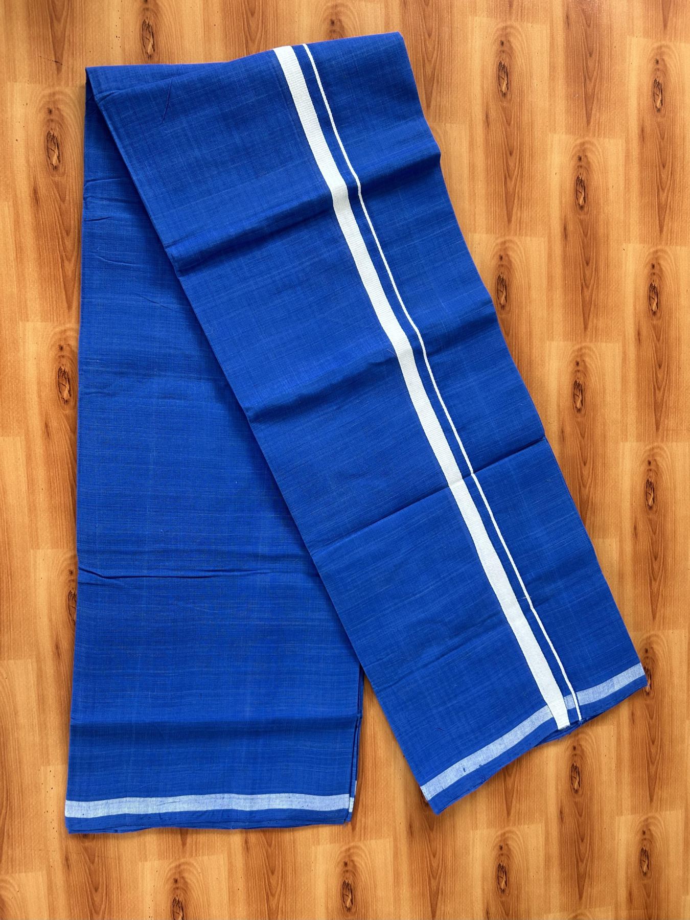 Kerala Handloom Single Kaily/Lungi - KaithariKada 100% Pure Cotton - 40s - 0.5 cm White Stripes Kara With Blue colour Body - (2 meter / 4 muzham) - 2 KK8065 ELA