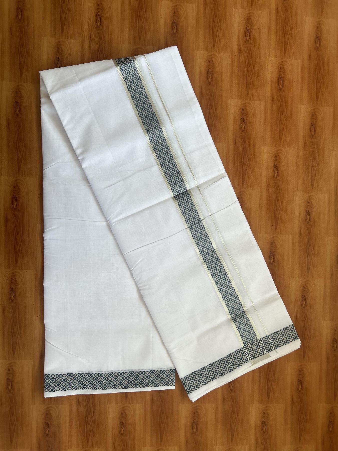 25% Disocunt! Pure White Kerala Handloom Unakkupaav  - 100% Mercerised Cotton Double - Mundu/Dhoti - 100x80 - 1.5 inch Silver Kasavu & Peacock Green Jaquard Design Kara - 4 mtr (8.5 muzham) - 2 KK5384 ABH