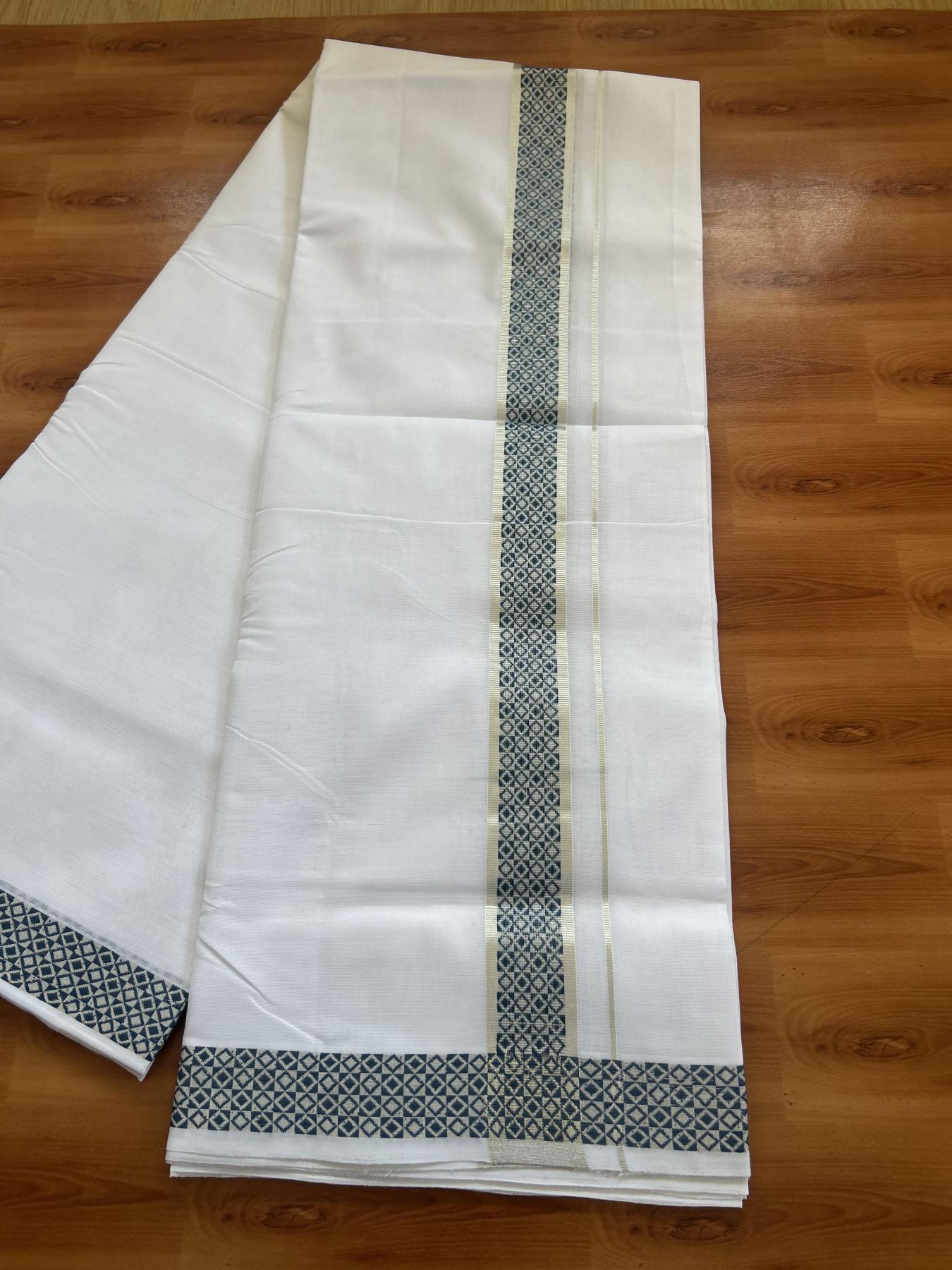 25% Disocunt! Pure White Kerala Handloom Unakkupaav  - 100% Mercerised Cotton Double - Mundu/Dhoti - 100x80 - 1.5 inch Silver Kasavu & Peacock Green Jaquard Design Kara - 4 mtr (8.5 muzham) - 2 KK5384 ABH