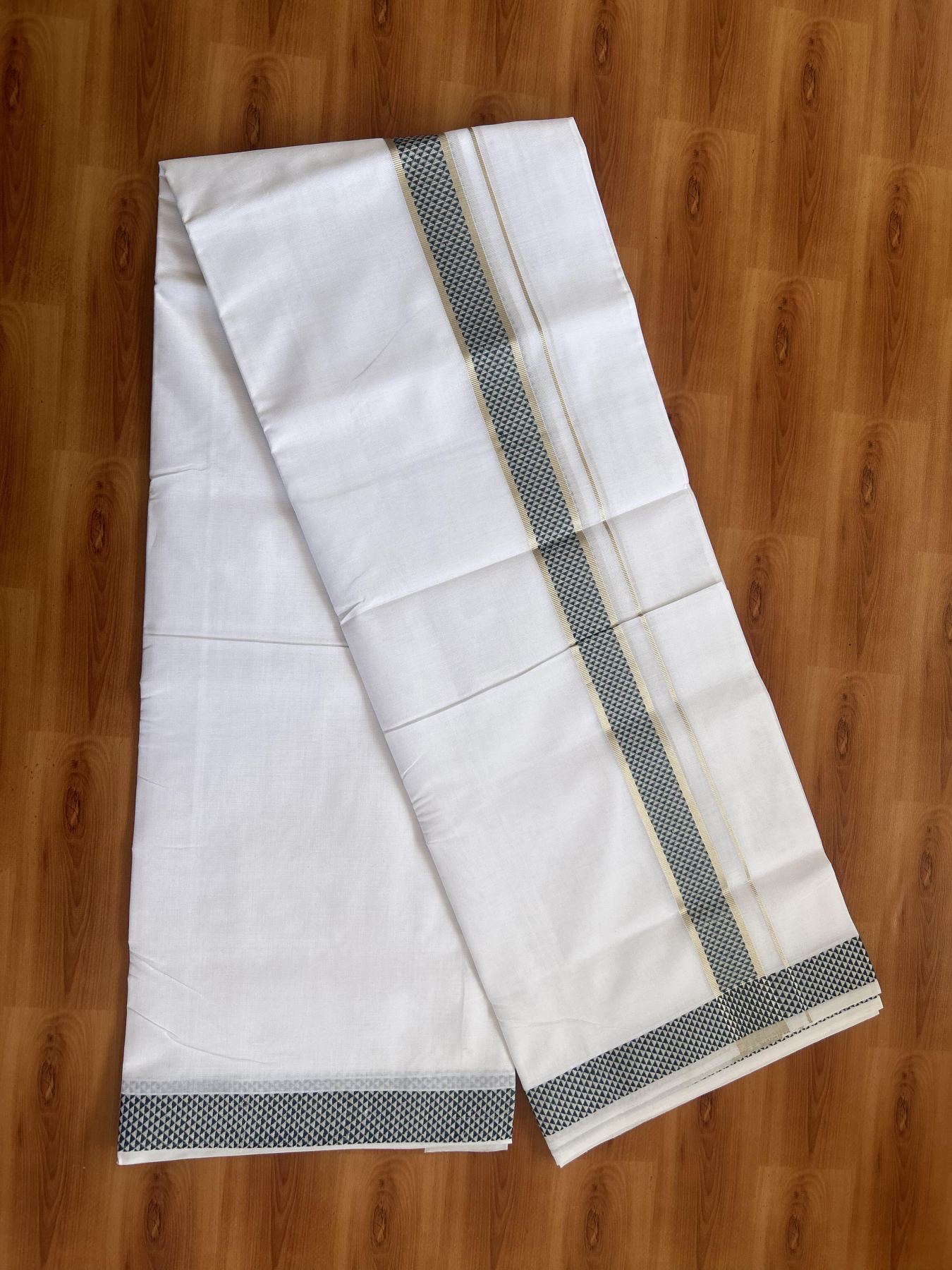 25% Disocunt! Pure White Kerala Handloom Unakkupaav  - 100% Mercerised Cotton Double - Mundu/Dhoti - 100x80 - 1.5 inch Silver Kasavu & Peacock Green Jaquard Design Kara - 4 mtr (8.5 muzham) - 3 KK5384 ABH
