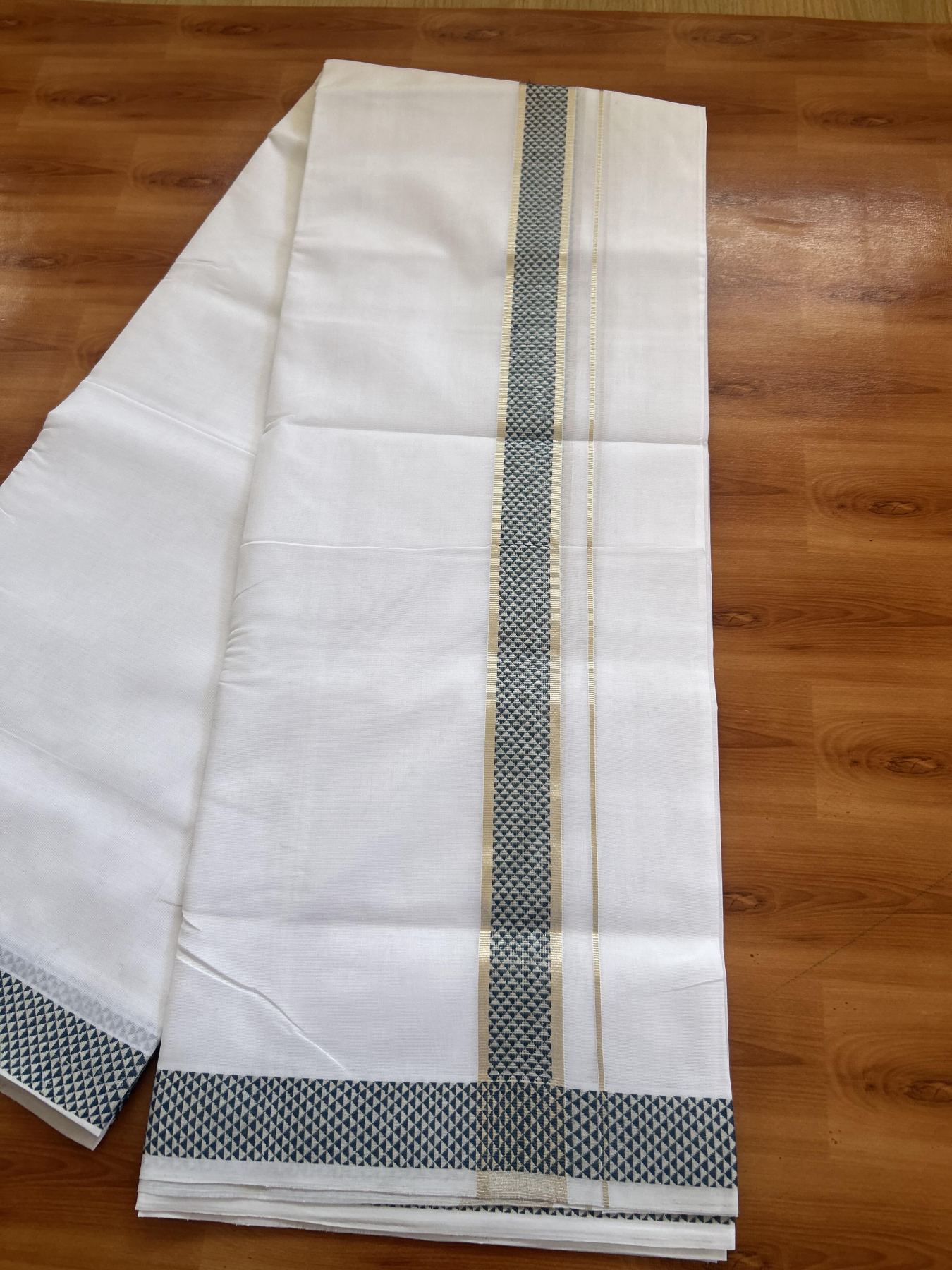 25% Disocunt! Pure White Kerala Handloom Unakkupaav  - 100% Mercerised Cotton Double - Mundu/Dhoti - 100x80 - 1.5 inch Silver Kasavu & Peacock Green Jaquard Design Kara - 4 mtr (8.5 muzham) - 3 KK5384 ABH