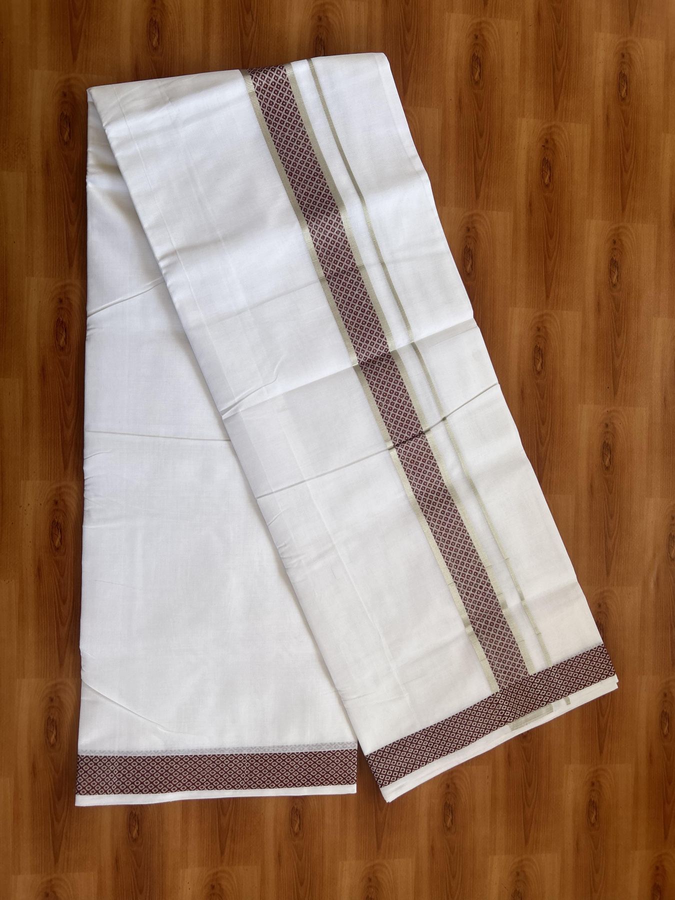 25% Disocunt! Pure White Kerala Handloom Unakkupaav  - 100% Mercerised Cotton Double - Mundu/Dhoti - 100x80 - 1.75 inch Silver Kasavu & Maroon Jacquard Design Kara - 4 mtr (8.5 muzham) - 4 KK5384 ABH