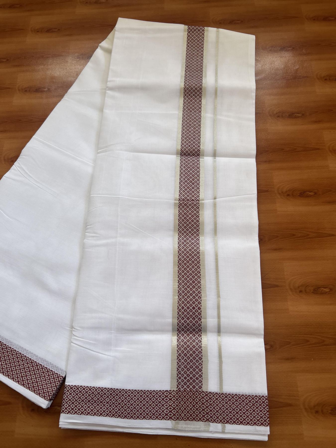 25% Disocunt! Pure White Kerala Handloom Unakkupaav  - 100% Mercerised Cotton Double - Mundu/Dhoti - 100x80 - 1.75 inch Silver Kasavu & Maroon Jacquard Design Kara - 4 mtr (8.5 muzham) - 4 KK5384 ABH