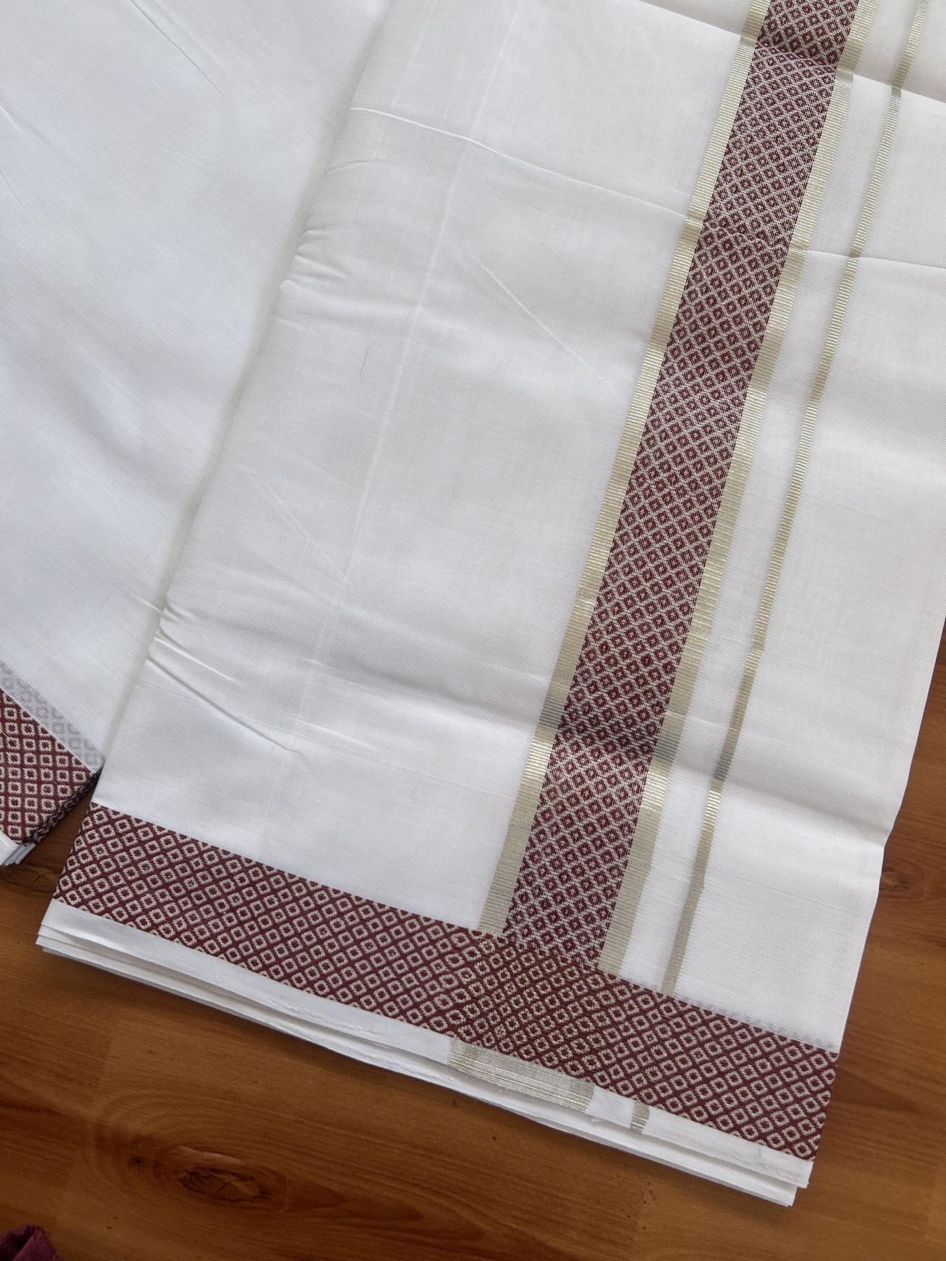 25% Disocunt! Pure White Kerala Handloom Unakkupaav  - 100% Mercerised Cotton Double - Mundu/Dhoti - 100x80 - 1.75 inch Silver Kasavu & Maroon Jacquard Design Kara - 4 mtr (8.5 muzham) - 4 KK5384 ABH