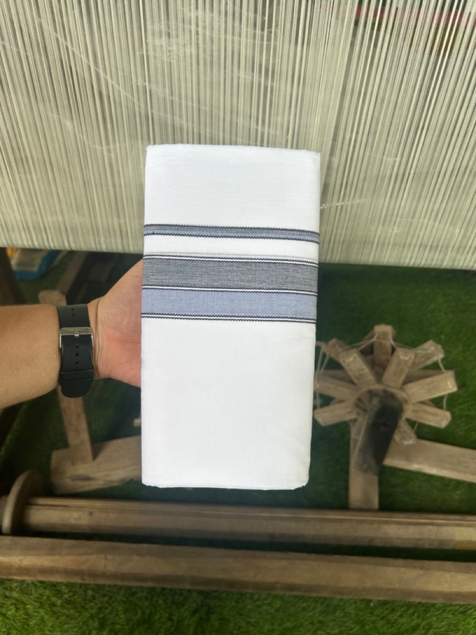 28% DISCOUNT! KaithariKada Balaramapuram 100% Cotton PURE WHITE Double Mundu/Dhoti-100x80 2.75 inch Light blue & Black shaded designer kara - 16KK5116MR