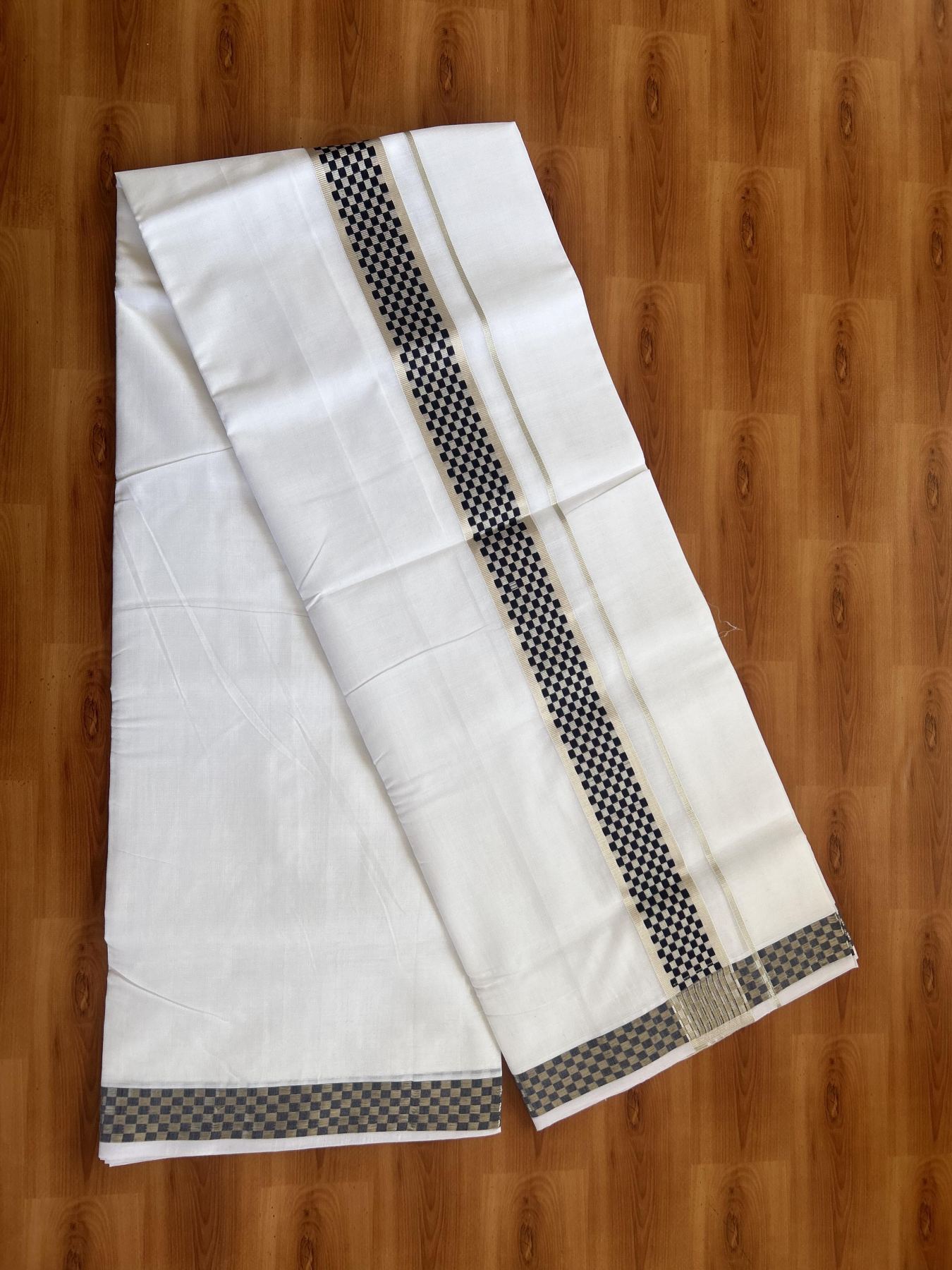 25% Disocunt! Pure White Kerala Handloom Unakkupaav  - 100% Mercerised Cotton Double - Mundu/Dhoti - 100x80 - 2 inch Silver Kasavu & Navy Blue Jacquard Design Kara - 4 mtr (8.5 muzham) - 6 KK5384 ABH