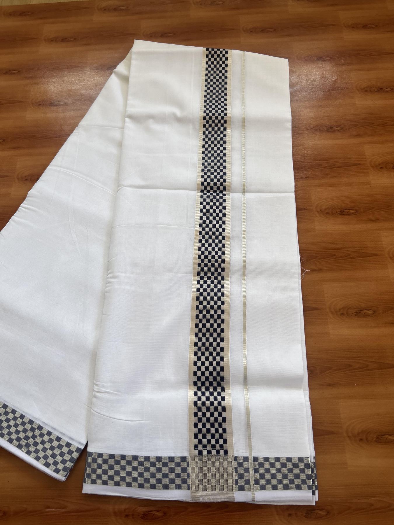 25% Disocunt! Pure White Kerala Handloom Unakkupaav  - 100% Mercerised Cotton Double - Mundu/Dhoti - 100x80 - 2 inch Silver Kasavu & Navy Blue Jacquard Design Kara - 4 mtr (8.5 muzham) - 6 KK5384 ABH