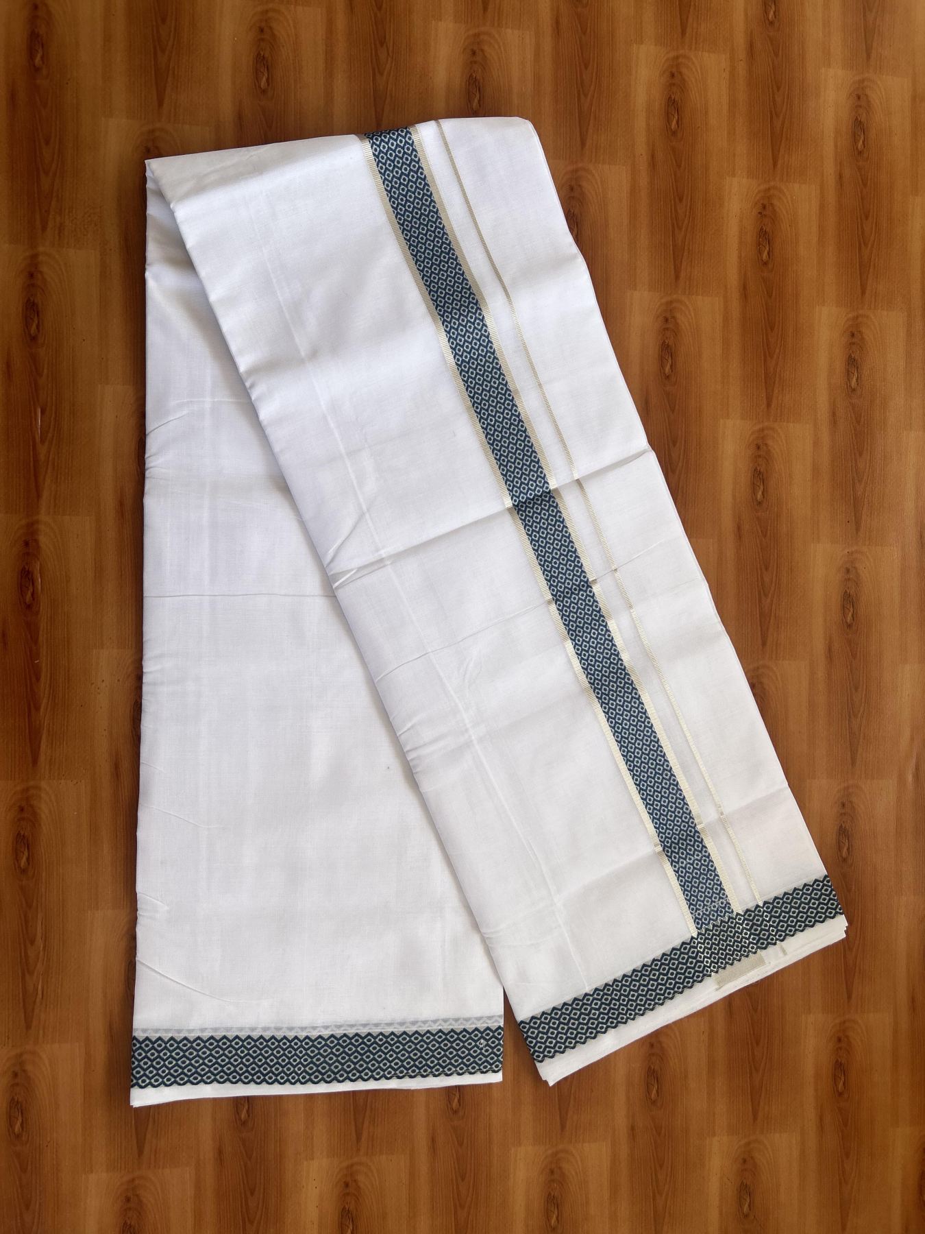 25% Disocunt! Pure White Kerala Handloom Unakkupaav  - 100% Mercerised Cotton Double - Mundu/Dhoti - 100x80 - 1.5 inch Silver Kasavu & Peacock Blue Jacquard Design Kara - 4 mtr (8.5 muzham) - 7 KK5384 ABH