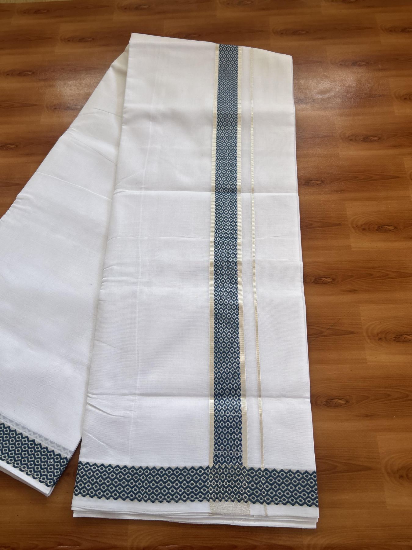 25% Disocunt! Pure White Kerala Handloom Unakkupaav  - 100% Mercerised Cotton Double - Mundu/Dhoti - 100x80 - 1.5 inch Silver Kasavu & Peacock Blue Jacquard Design Kara - 4 mtr (8.5 muzham) - 7 KK5384 ABH