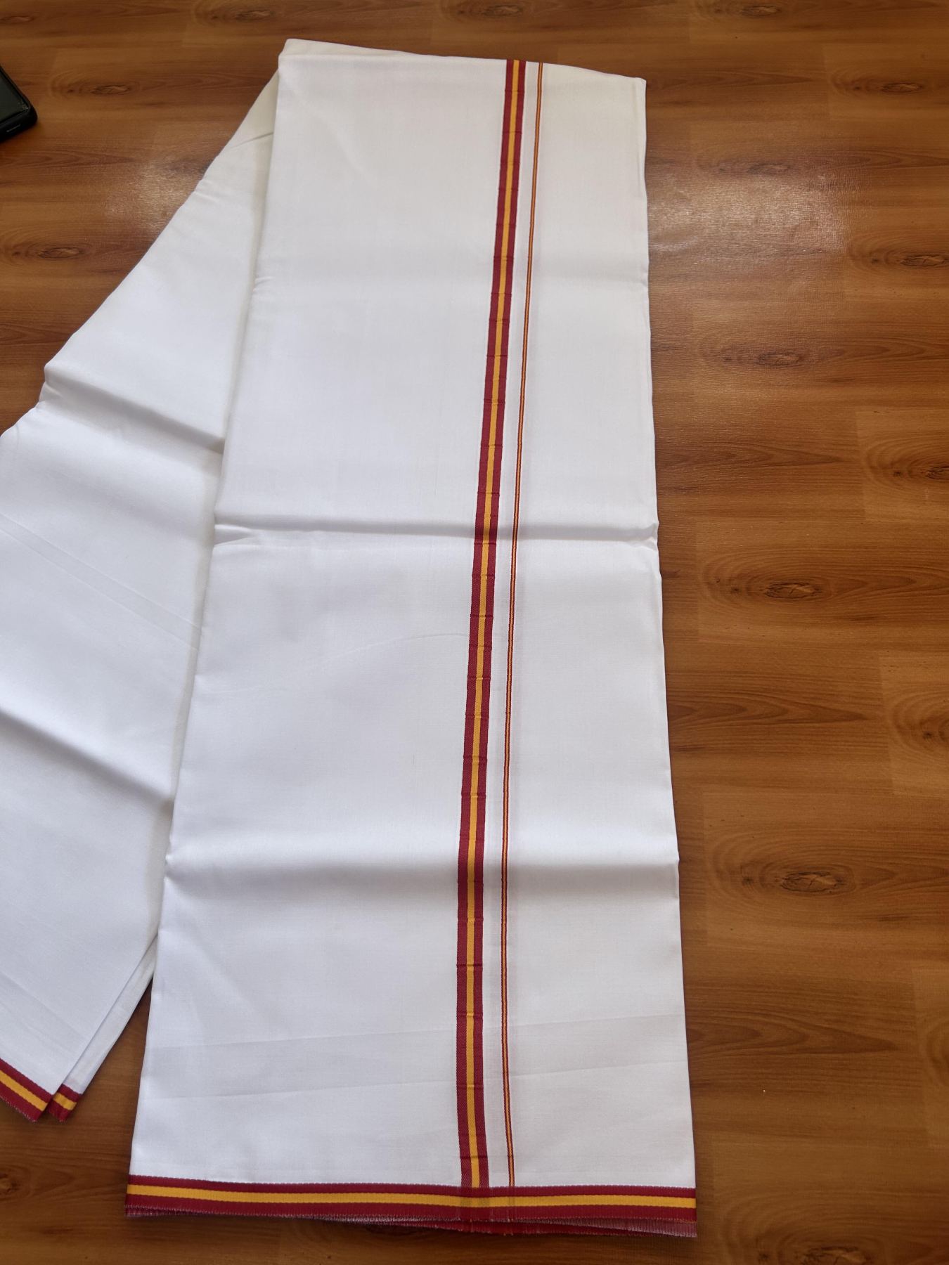 Tvk Veshti - 20% Discount! KaithariKada Balaramapuram 100% Mill Bleached Mercerised Cotton Single Pure white Mundu/Dhoti - 100x100 - 0.5 inch Dark Red & Yellow Kara - 2 mtr (4 muzham) - 3 KK5385 KBF