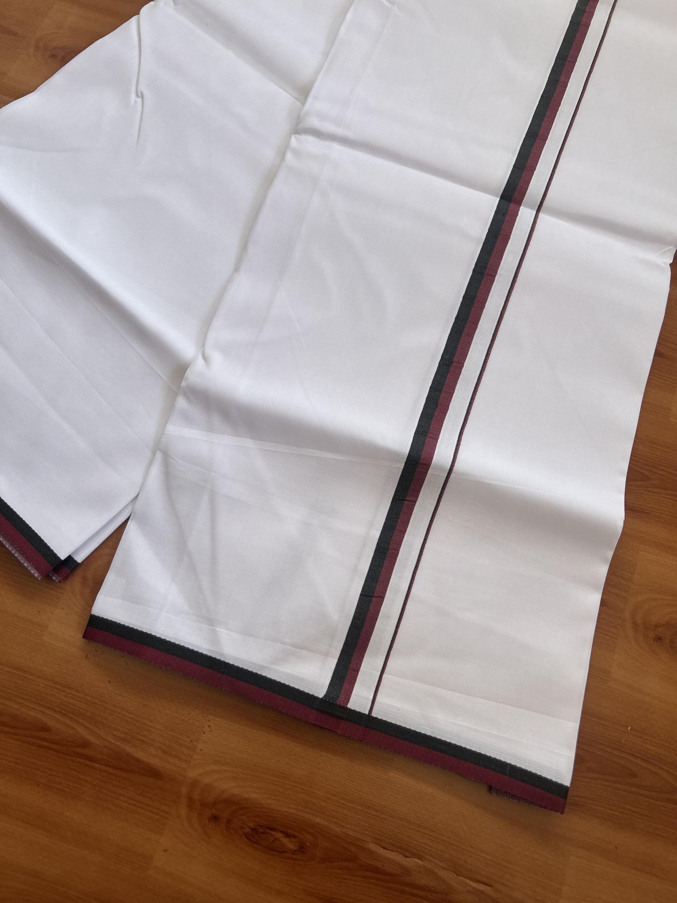 Dmk Veshti - 20% Discount ! KaithariKada 100% Mill Bleached Mercerised Cotton Pure White Single Mundu/Dhoti - 100X100 - 0.5 inch Black & Maroon Red kara 2mtr (4 mulam)-  1 KK5261 KBF
