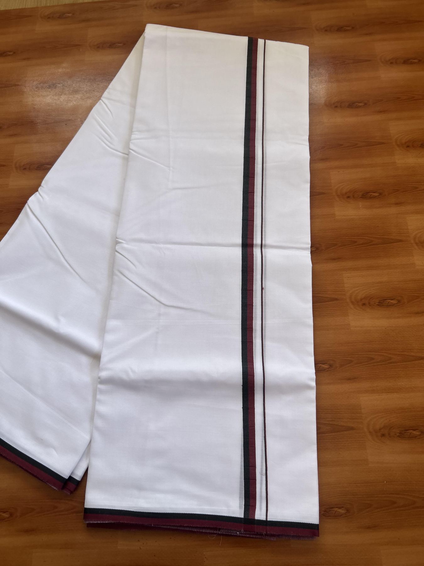 Dmk Veshti - 20% Discount ! KaithariKada 100% Mill Bleached Mercerised Cotton Pure White Double Mundu/Dhoti - 100X100 - 0.5 inch Black & Maroon kara 4 mtr (8.5 mulam)-  4 KK5385 KBF