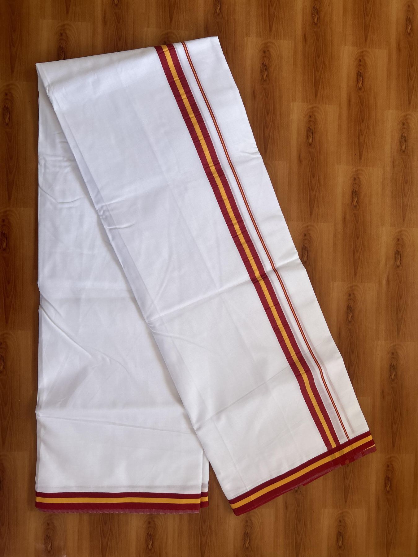 Tvk Veshti - 35% Discount! KaithariKada Balaramapuram 100% Mill Bleached Mercerised Cotton Double Pure white Mundu/Dhoti - 100x100 - 1 inch Dark Red & Yellow Kara - 4 mtr ( 8.5 muzham) - 9 KK5385 KBF