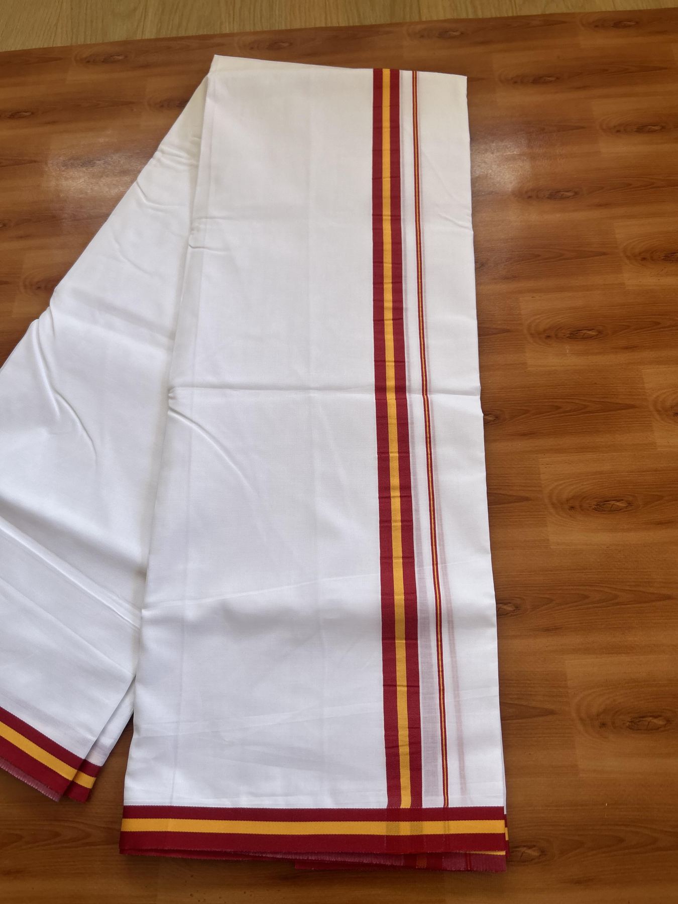 Tvk Veshti - 35% Discount! KaithariKada Balaramapuram 100% Mill Bleached Mercerised Cotton Double Pure white Mundu/Dhoti - 100x100 - 1 inch Dark Red & Yellow Kara - 4 mtr ( 8.5 muzham) - 9 KK5385 KBF