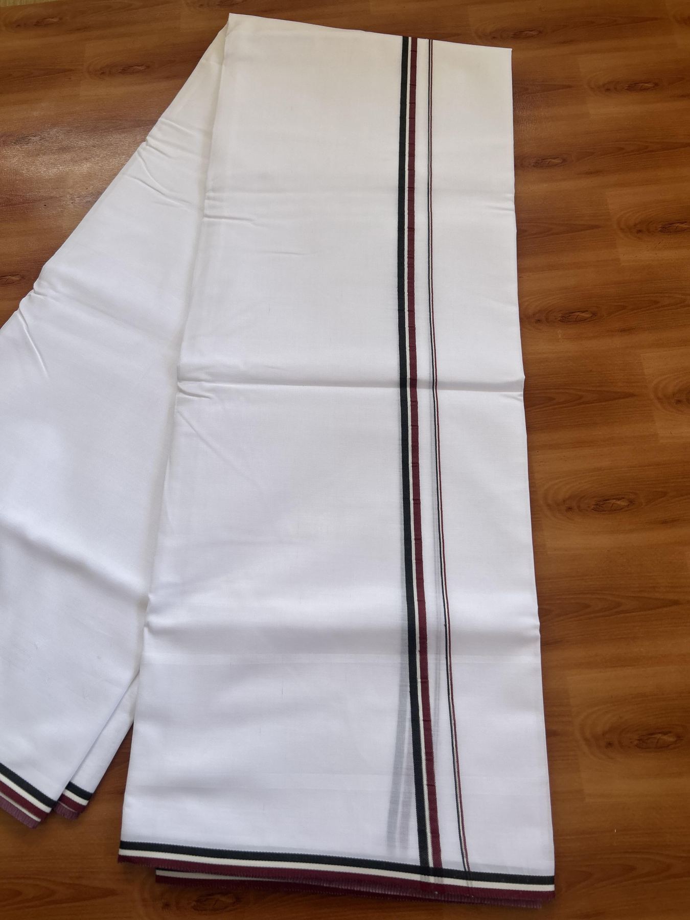 Admk Veshti - 20% Discount! KaithariKada 100% Mill Bleached Mercerised Cotton Pure white Double Mundu/Dhoti - 100X100 - 0.5 inch Black White & Maroon kara - 4 Mtr (8.5 muzham) - 8 KK5385 KBF