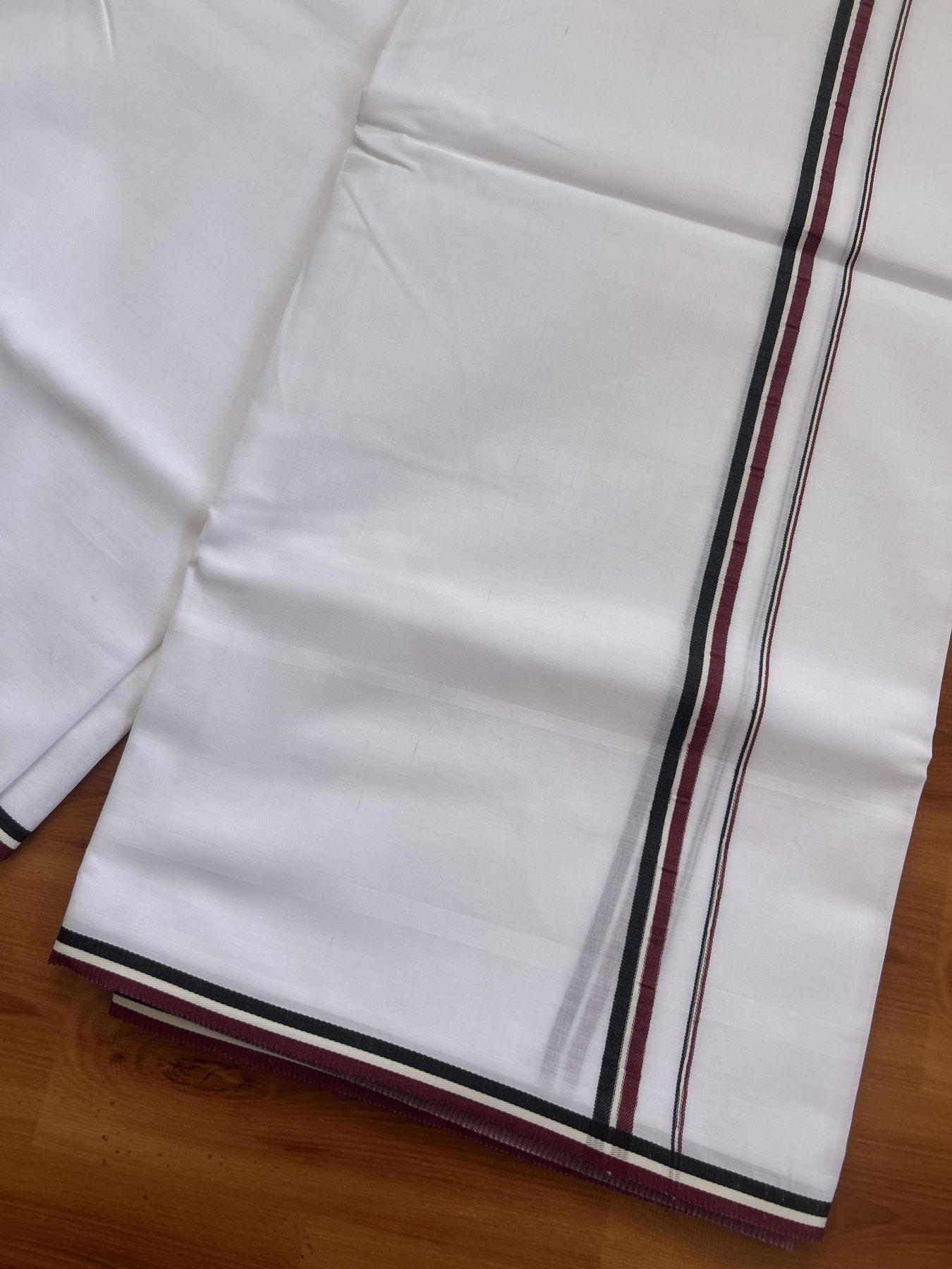 Admk Veshti - 20% Discount! KaithariKada 100% Mill Bleached Mercerised Cotton Pure white Double Mundu/Dhoti - 100X100 - 0.5 inch Black White & Maroon kara - 4 Mtr (8.5 muzham) - 8 KK5385 KBF