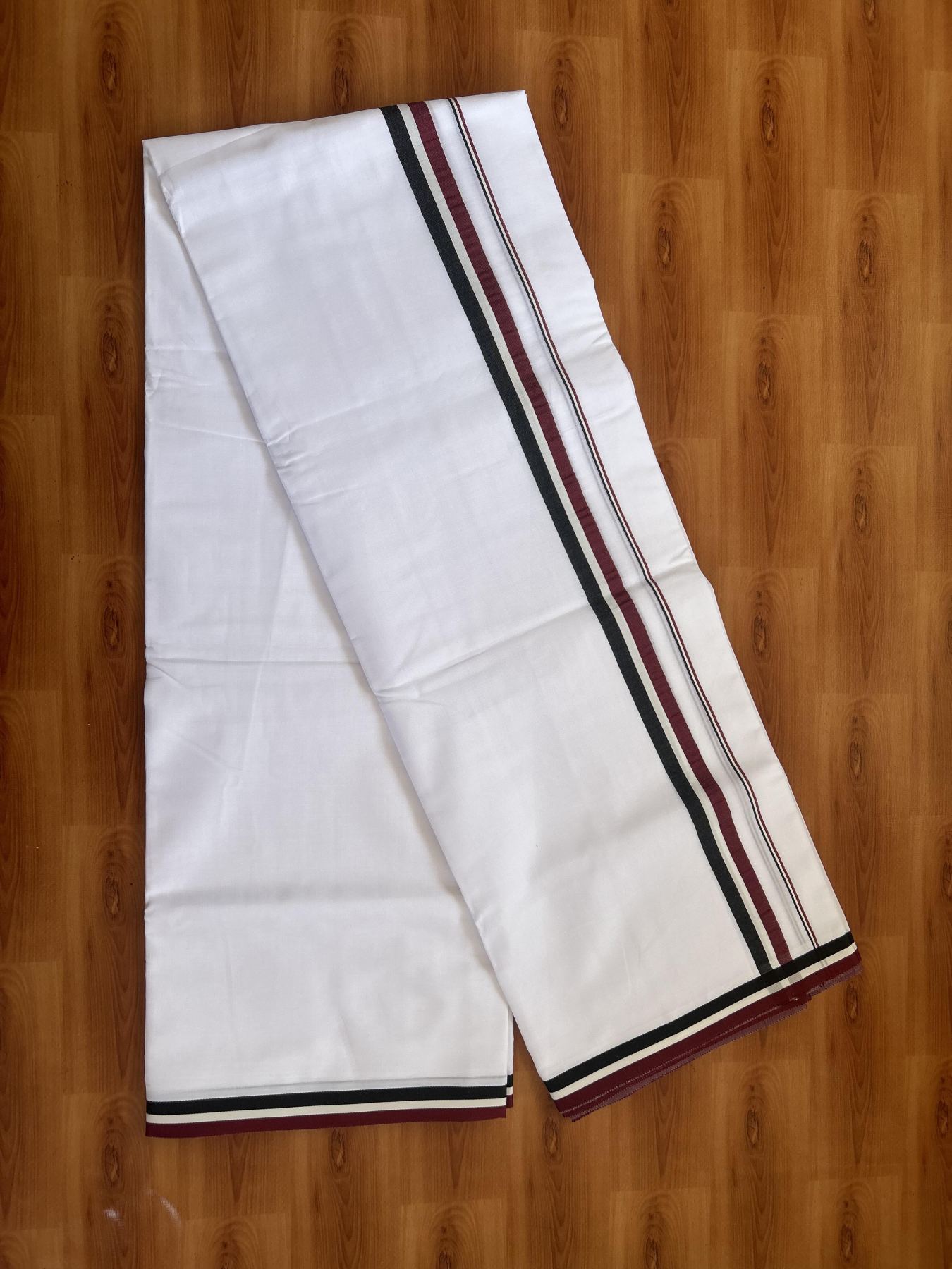 Admk Veshti - 20% Discount! KaithariKada 100% Mill Bleached Mercerised Cotton Pure white Double Mundu/Dhoti - 100X100 - 1 inch Black White & Maroon kara - 4 Mtr (8.5 muzham) - 7 KK5385 KBF
