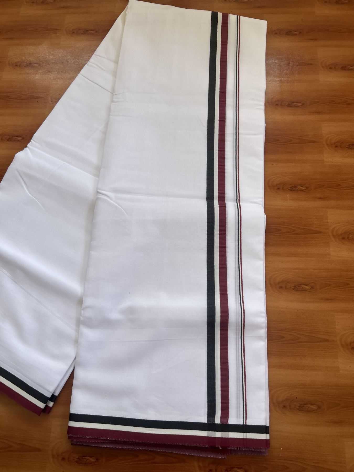 Admk Veshti - 20% Discount! KaithariKada 100% Mill Bleached Mercerised Cotton Pure white Double Mundu/Dhoti - 100X100 - 1 inch Black White & Maroon kara - 4 Mtr (8.5 muzham) - 7 KK5385 KBF