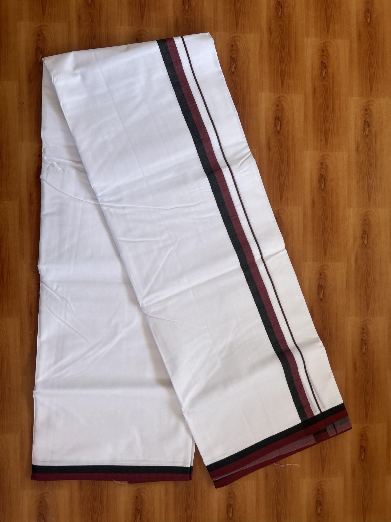 Dmk Veshti - 20% Discount ! KaithariKada 100% Mill Bleached Mercerised Cotton Pure White Double Mundu/Dhoti - 100X100 - 1 inch Black & Maroon kara 4 mtr (8.5 mulam)-  5 KK5385 KBF