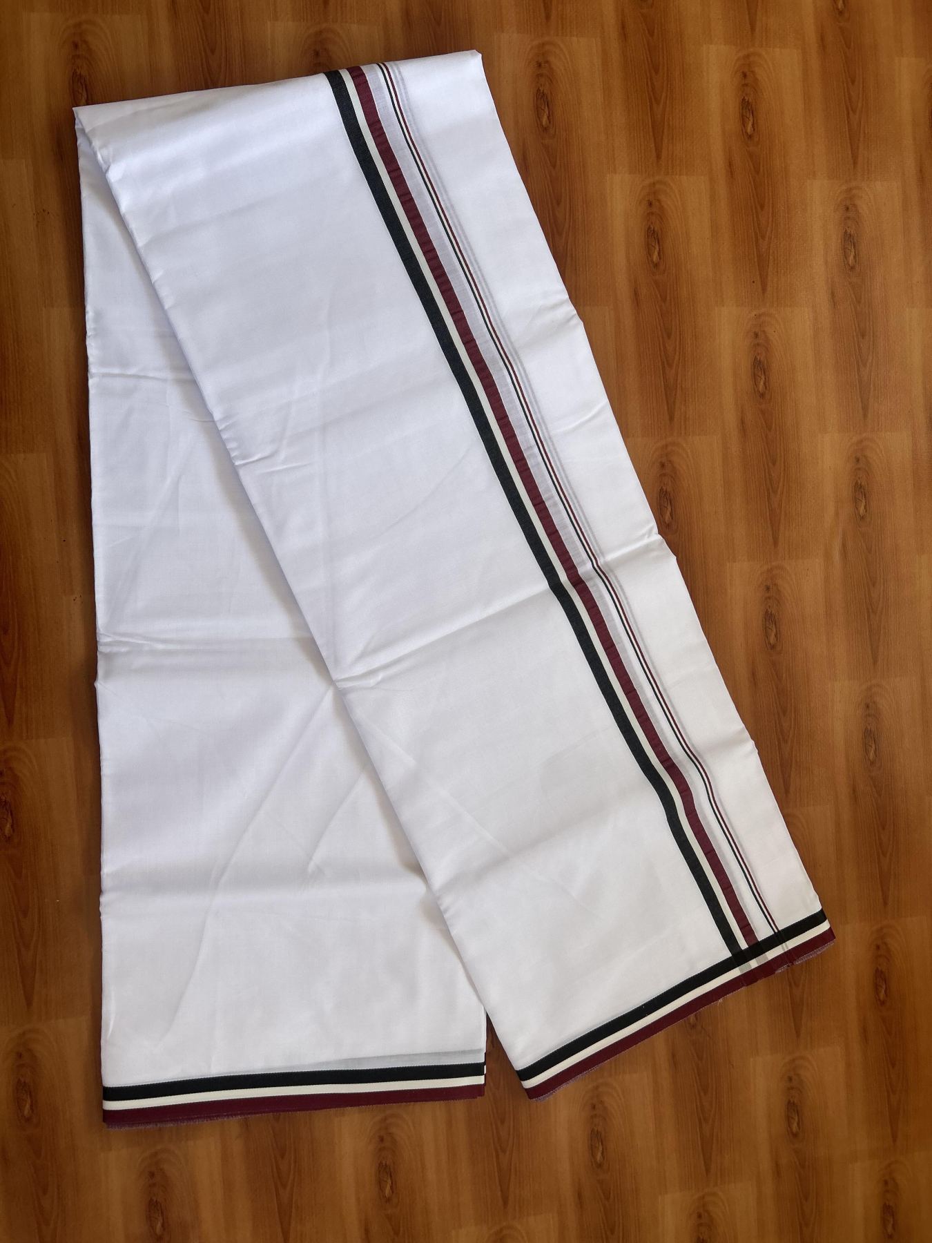 Admk Veshti - 20% Discount! KaithariKada 100% Mill Bleached Mercerised Cotton  Pure white Double Mundu/Dhoti - 100X100 - 0.75 inch Black White & Maroon kara - 4 Mtr (8.5 muzham) - 6 KK5385 KBF