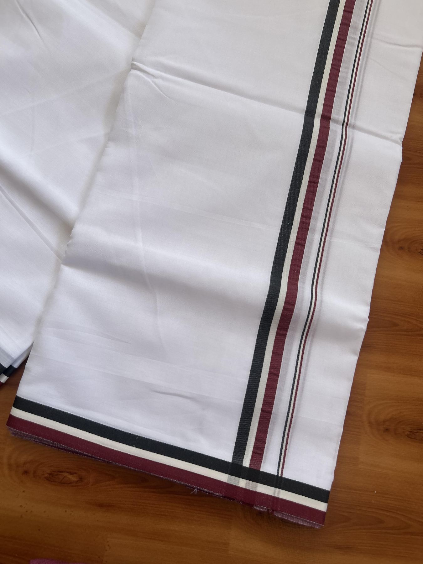 Admk Veshti - 20% Discount! KaithariKada 100% Mill Bleached Mercerised Cotton  Pure white Double Mundu/Dhoti - 100X100 - 0.75 inch Black White & Maroon kara - 4 Mtr (8.5 muzham) - 6 KK5385 KBF