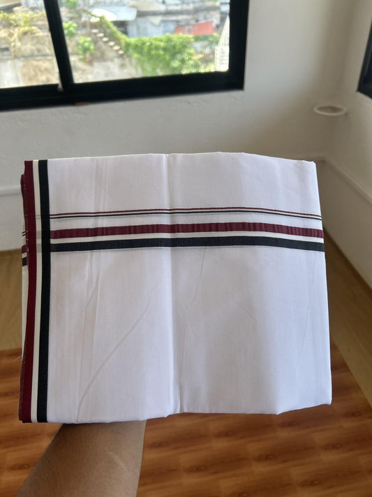 Admk Veshti - 20% Discount! KaithariKada 100% Mill Bleached Mercerised Cotton  Pure white Double Mundu/Dhoti - 100X100 - 0.75 inch Black White & Maroon kara - 4 Mtr (8.5 muzham) - 6 KK5385 KBF