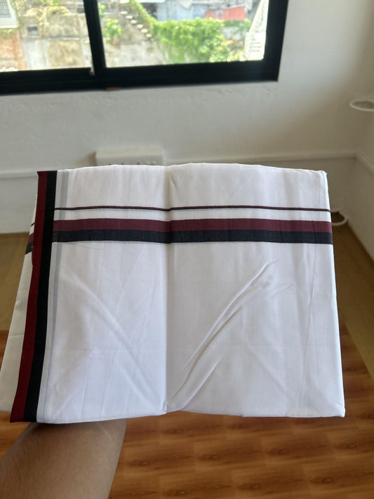 Dmk Veshti - 20% Discount ! KaithariKada 100% Mill Bleached Mercerised Cotton Pure White Double Mundu/Dhoti - 100X100 - 1 inch Black & Maroon kara 4 mtr (8.5 mulam)-  5 KK5385 KBF