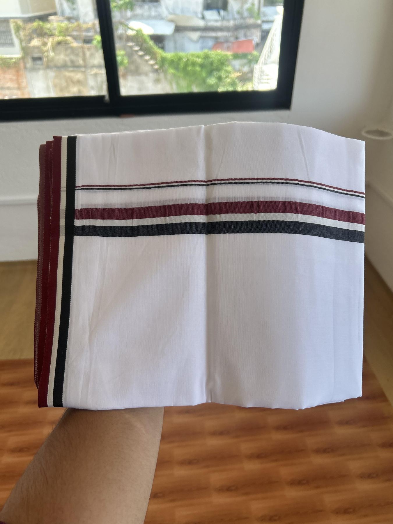 Admk Veshti - 20% Discount! KaithariKada 100% Mill Bleached Mercerised Cotton Pure white Double Mundu/Dhoti - 100X100 - 1 inch Black White & Maroon kara - 4 Mtr (8.5 muzham) - 7 KK5385 KBF