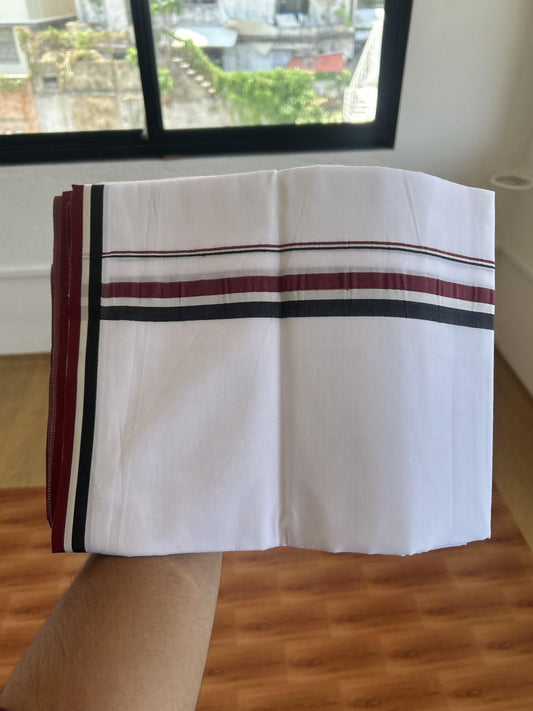 Admk Veshti - 20% Discount! KaithariKada 100% Mill Bleached Mercerised Cotton Pure white Double Mundu/Dhoti - 100X100 - 1 inch Black White & Maroon kara - 4 Mtr (8.5 muzham) - 7 KK5385 KBF