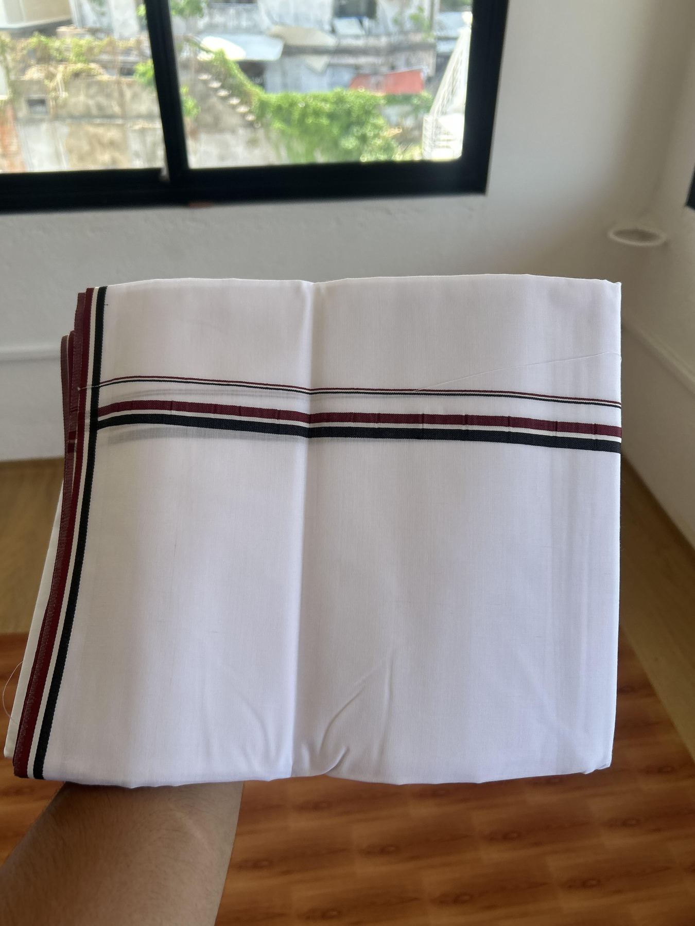 Admk Veshti - 20% Discount! KaithariKada 100% Mill Bleached Mercerised Cotton Pure white Double Mundu/Dhoti - 100X100 - 0.5 inch Black White & Maroon kara - 4 Mtr (8.5 muzham) - 8 KK5385 KBF