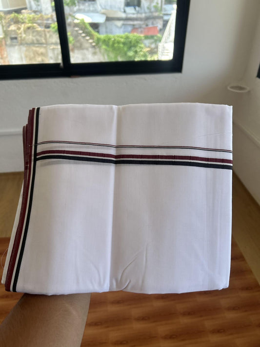 Admk Veshti - 20% Discount! KaithariKada 100% Mill Bleached Mercerised Cotton Pure white Double Mundu/Dhoti - 100X100 - 0.5 inch Black White & Maroon kara - 4 Mtr (8.5 muzham) - 8 KK5385 KBF