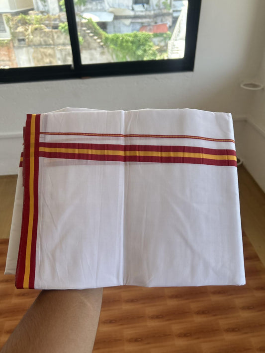 Tvk Veshti - 35% Discount! KaithariKada Balaramapuram 100% Mill Bleached Mercerised Cotton Double Pure white Mundu/Dhoti - 100x100 - 1 inch Dark Red & Yellow Kara - 4 mtr ( 8.5 muzham) - 9 KK5385 KBF